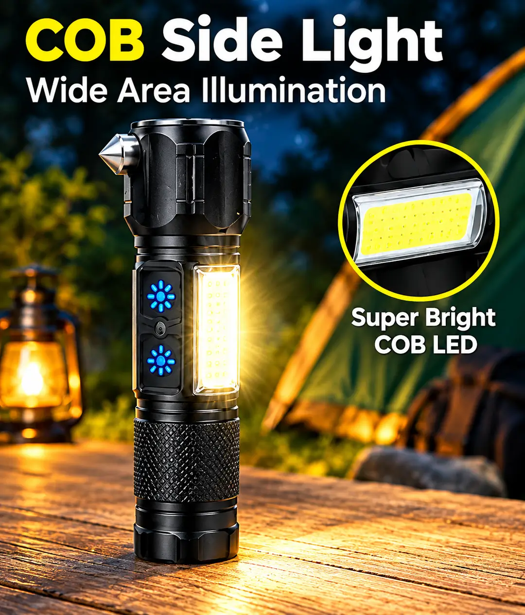 Multifunctional LED Flashlight – Powerful Rechargeable Torch with COB Side Light, Portable Emergency Light for Camping, Hiking, Car & Home Use