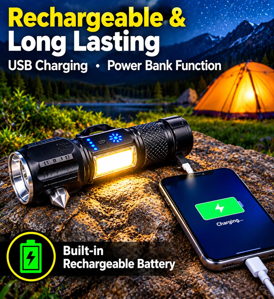 Multifunctional LED Flashlight – Powerful Rechargeable Torch with COB Side Light, Portable Emergency Light for Camping, Hiking, Car & Home Use