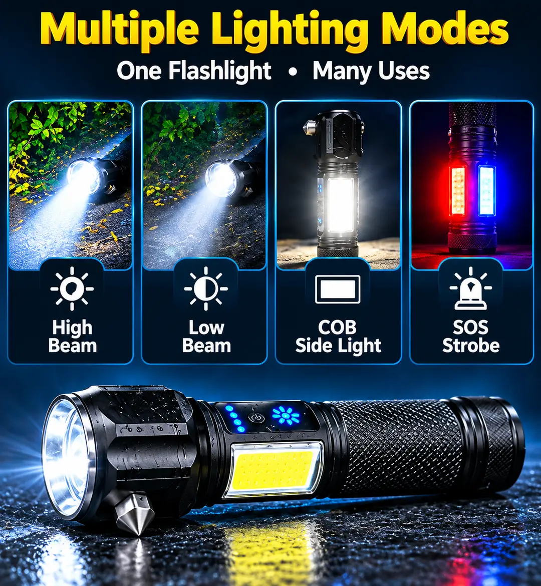 Multifunctional LED Flashlight – Powerful Rechargeable Torch with COB Side Light, Portable Emergency Light for Camping, Hiking, Car & Home Use