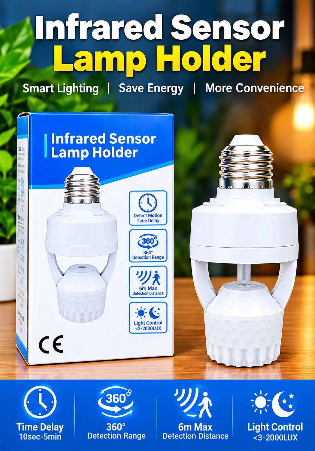 Infrared Sensor Lamp Holder – E27 Motion Sensor Light Holder, 360° Detection, Auto ON/OFF, Energy Saving