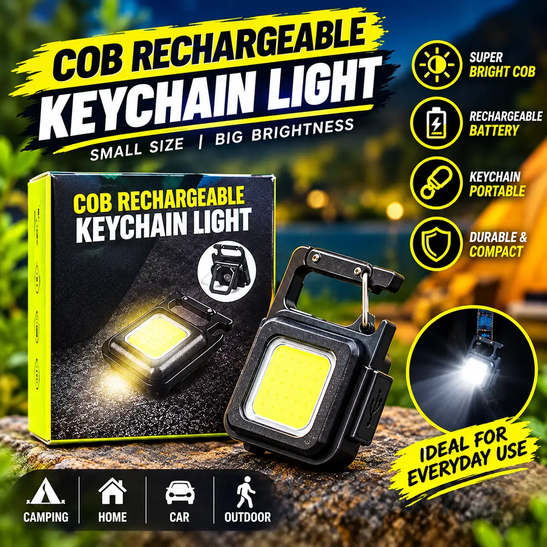 COB Rechargeable Keychain Light – Super Bright Mini LED Flashlight, Portable Pocket Light with Carabiner Clip, USB Rechargeable Emergency Light for Camping, Car, Home & Outdoor