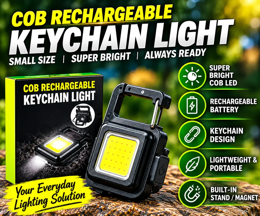 COB Rechargeable Keychain Light – Super Bright Mini LED Flashlight, Portable Pocket Light with Carabiner Clip, USB Rechargeable Emergency Light for Camping, Car, Home & Outdoor