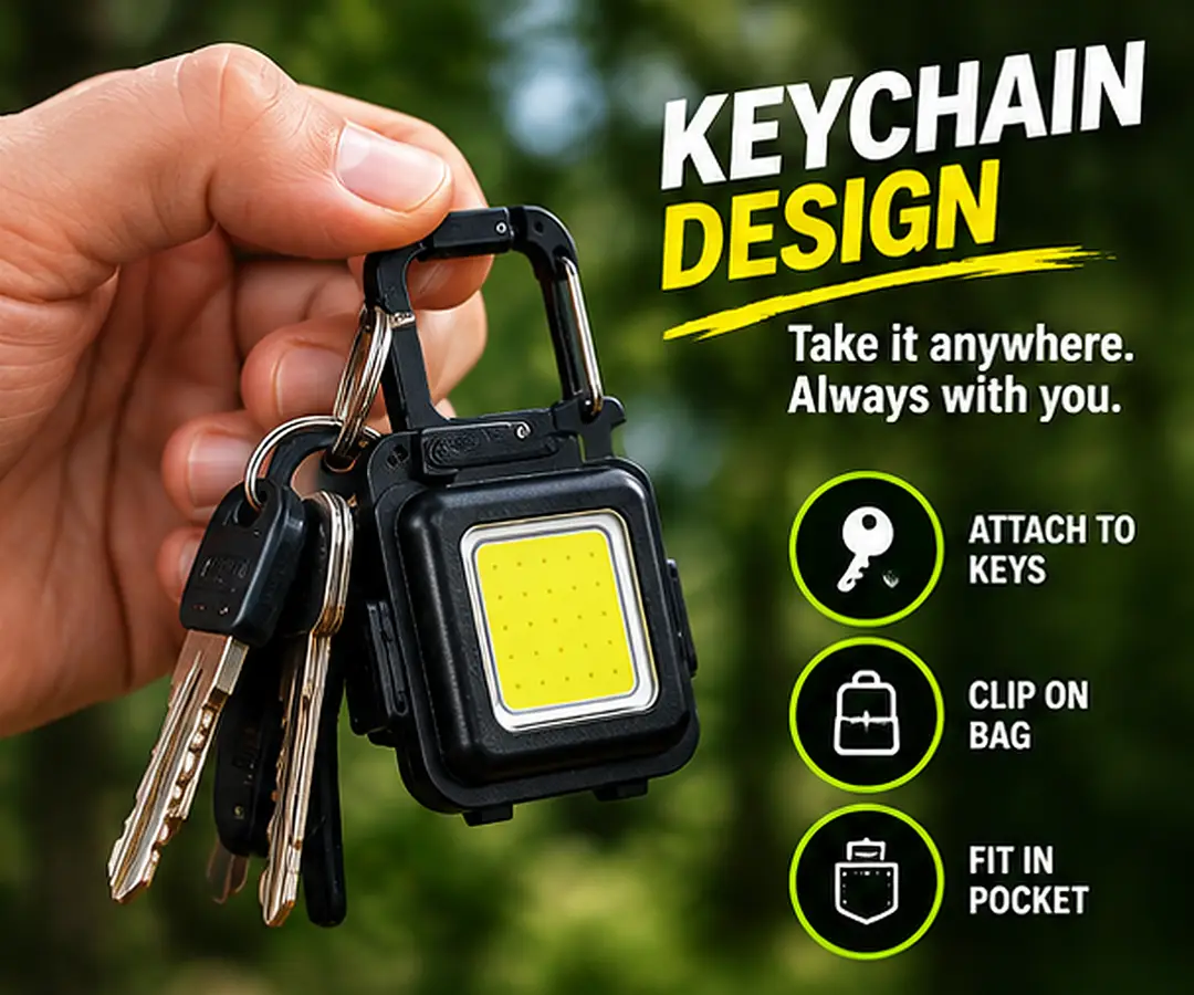 COB Rechargeable Keychain Light – Super Bright Mini LED Flashlight, Portable Pocket Light with Carabiner Clip, USB Rechargeable Emergency Light for Camping, Car, Home & Outdoor