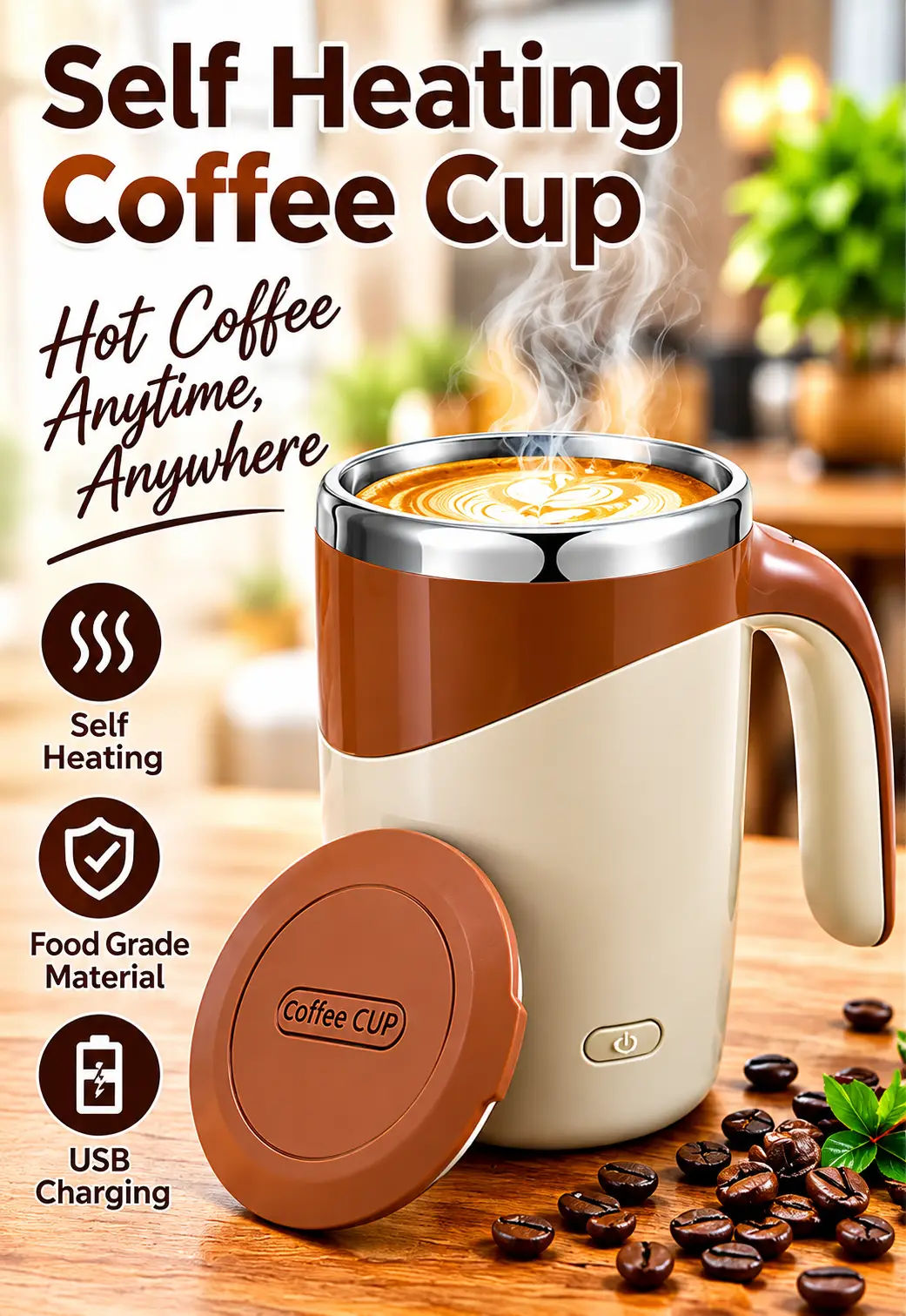 Smart Self Heating Coffee Mug with USB Charging, Portable Electric Coffee Cup, Travel Coffee Mug with Lid for Home, Office & Car