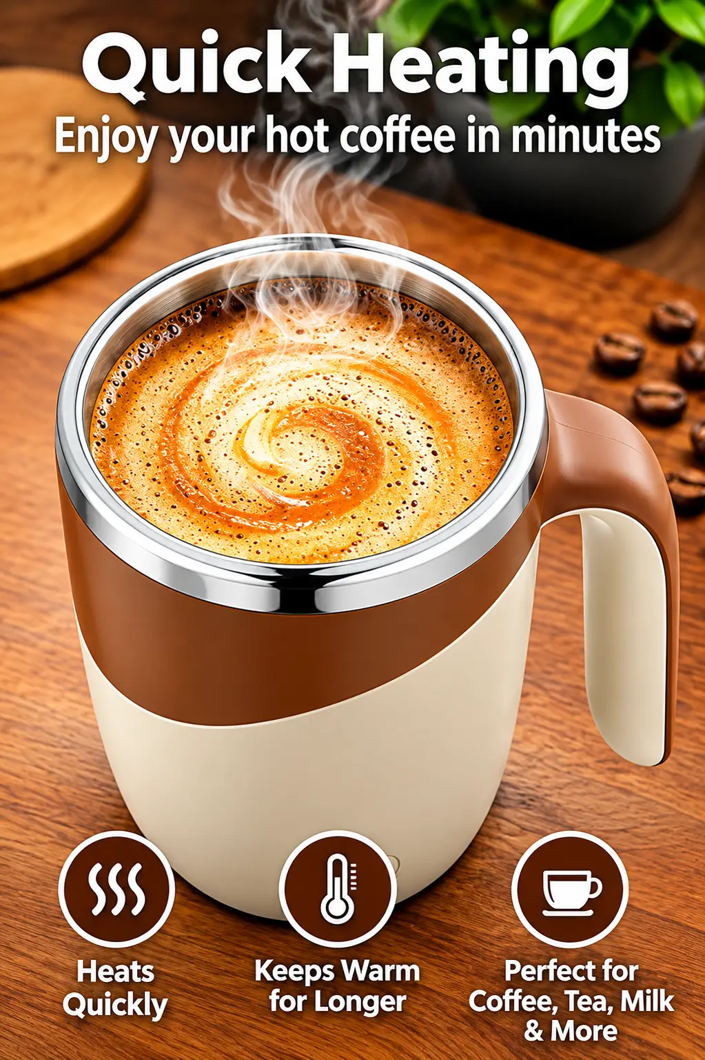 Smart Self Heating Coffee Mug with USB Charging, Portable Electric Coffee Cup, Travel Coffee Mug with Lid for Home, Office & Car