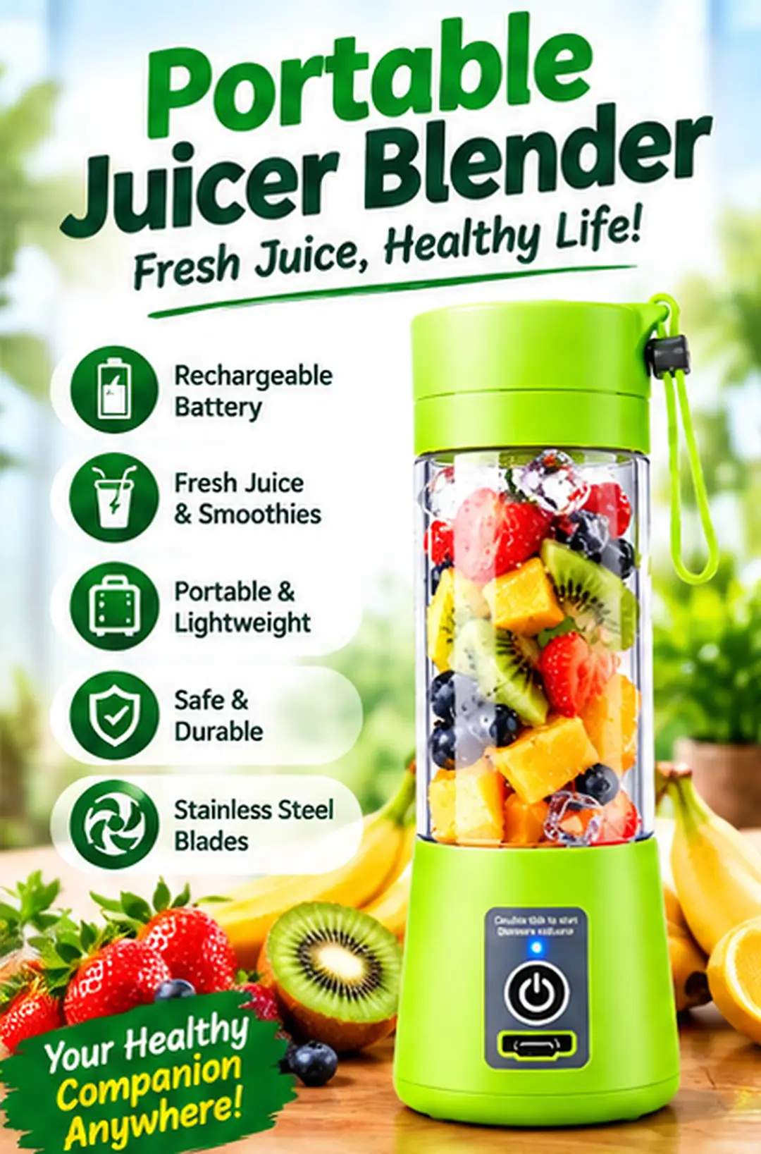 Portable Electric Juicer Blender 380ml – Rechargeable USB Mini Smoothie Maker, Portable Juice & Shake Blender with Powerful Blades for Home, Office, Gym & Travel