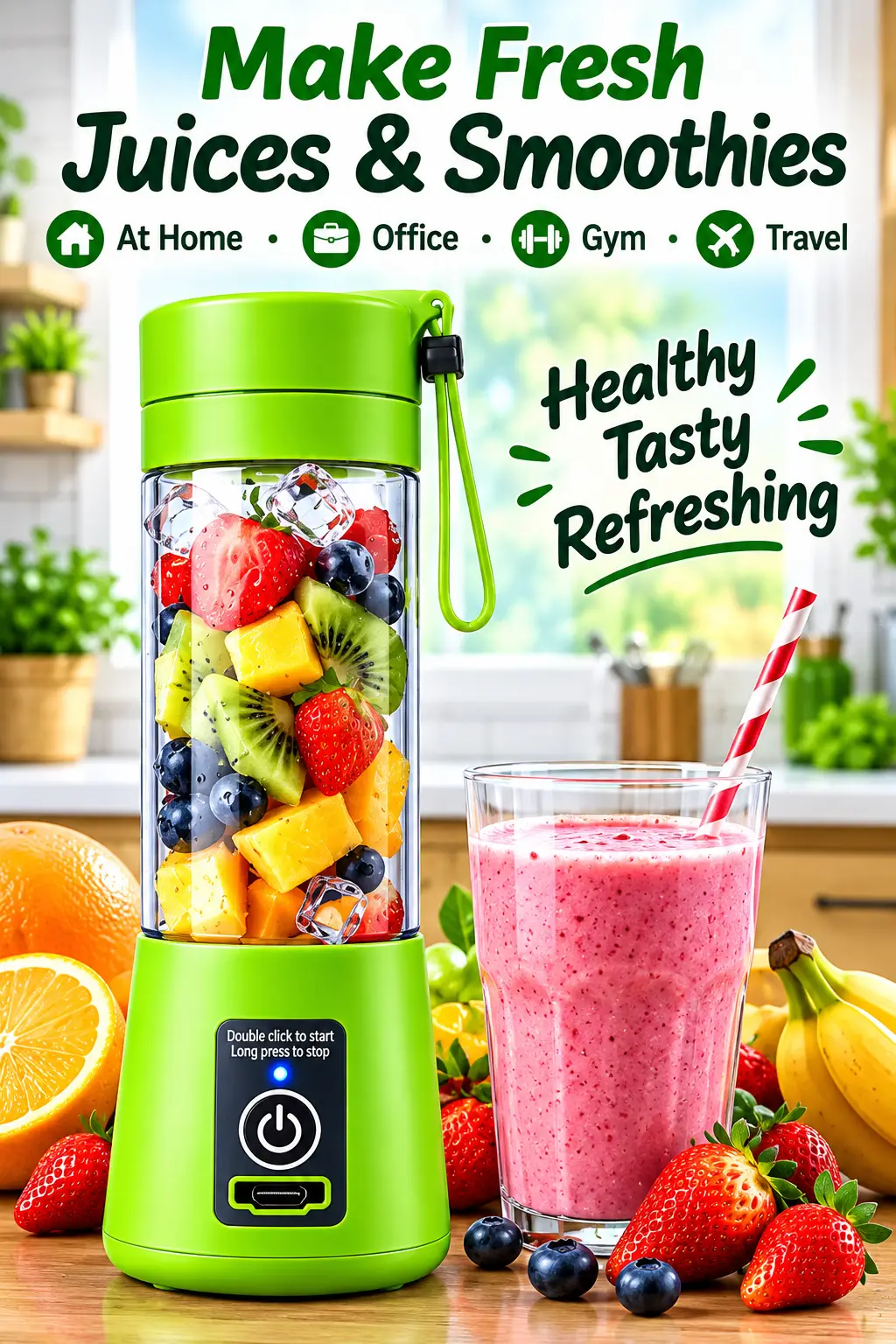 Portable Electric Juicer Blender 380ml – Rechargeable USB Mini Smoothie Maker, Portable Juice & Shake Blender with Powerful Blades for Home, Office, Gym & Travel