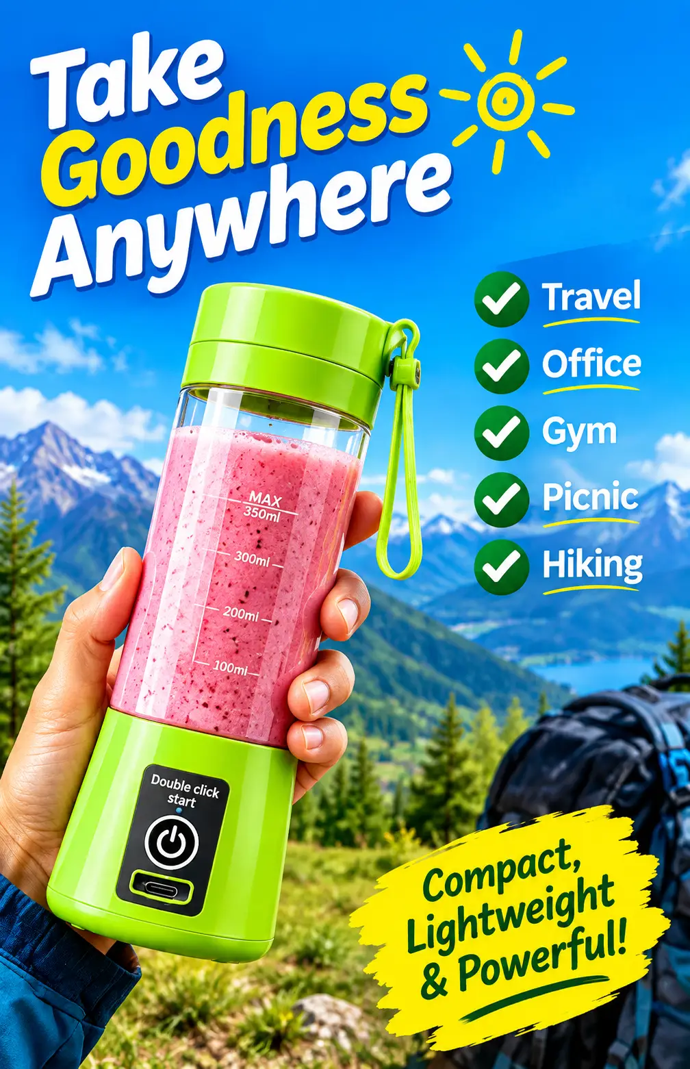 Portable Electric Juicer Blender 380ml – Rechargeable USB Mini Smoothie Maker, Portable Juice & Shake Blender with Powerful Blades for Home, Office, Gym & Travel