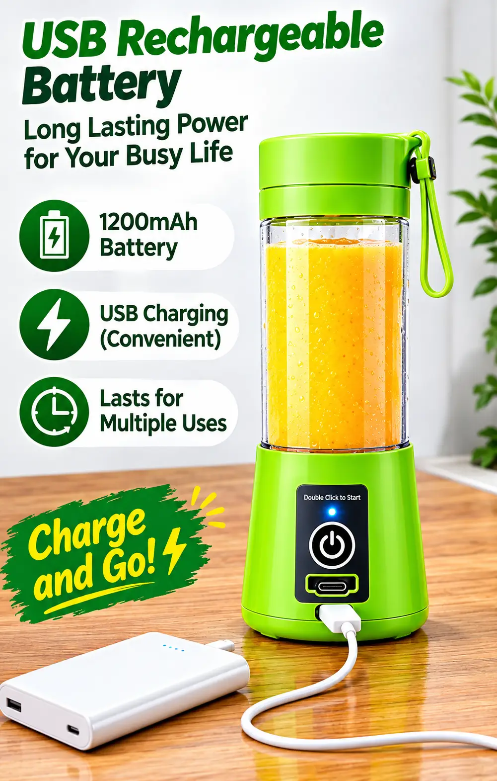 Portable Electric Juicer Blender 380ml – Rechargeable USB Mini Smoothie Maker, Portable Juice & Shake Blender with Powerful Blades for Home, Office, Gym & Travel