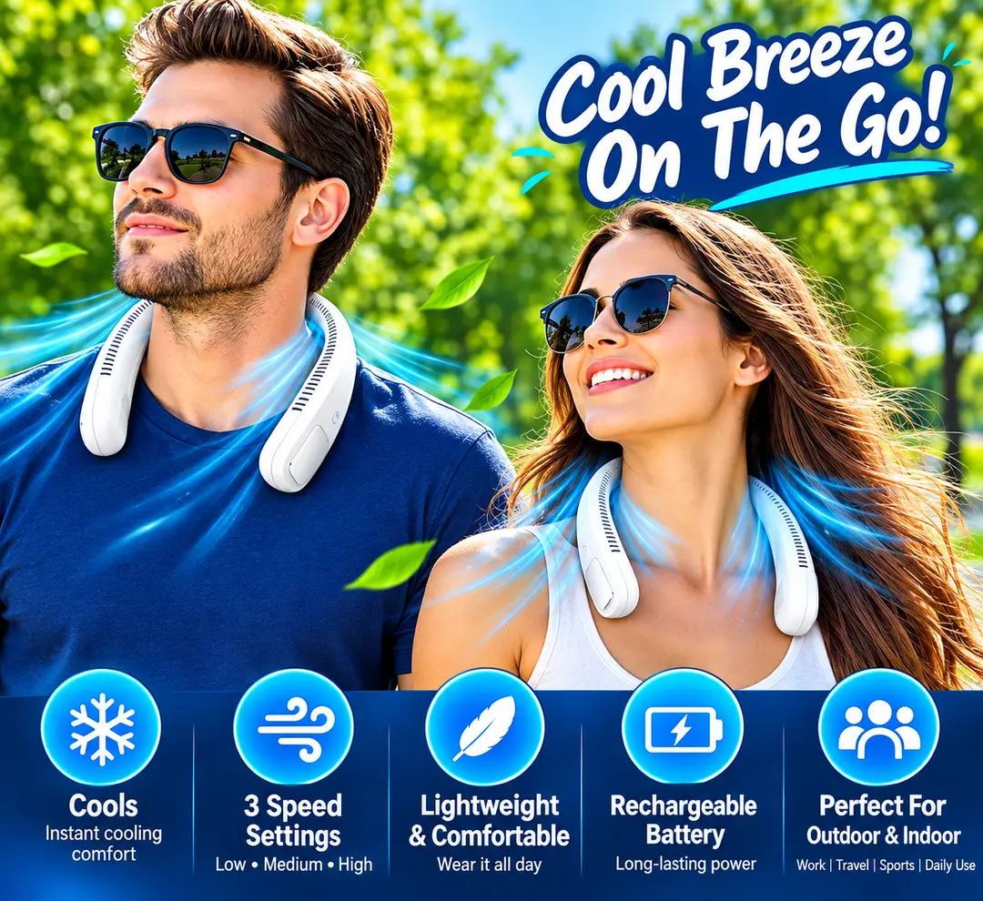 Arctic Air Freedom Wearable Personal Neck Air Cooler – 3 Speed Rechargeable Hands-Free Portable Mini Fan for Outdoor, Travel, Home & Office