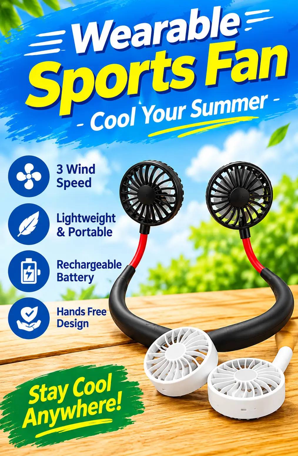 Wearable Sports Neck Fan – Hands-Free Portable Personal Fan, 3-Speed Adjustable Cooling Fan with Dual Powerful Fans, Lightweight Rechargeable Neck Fan for Outdoor, Travel, Sports & Summer