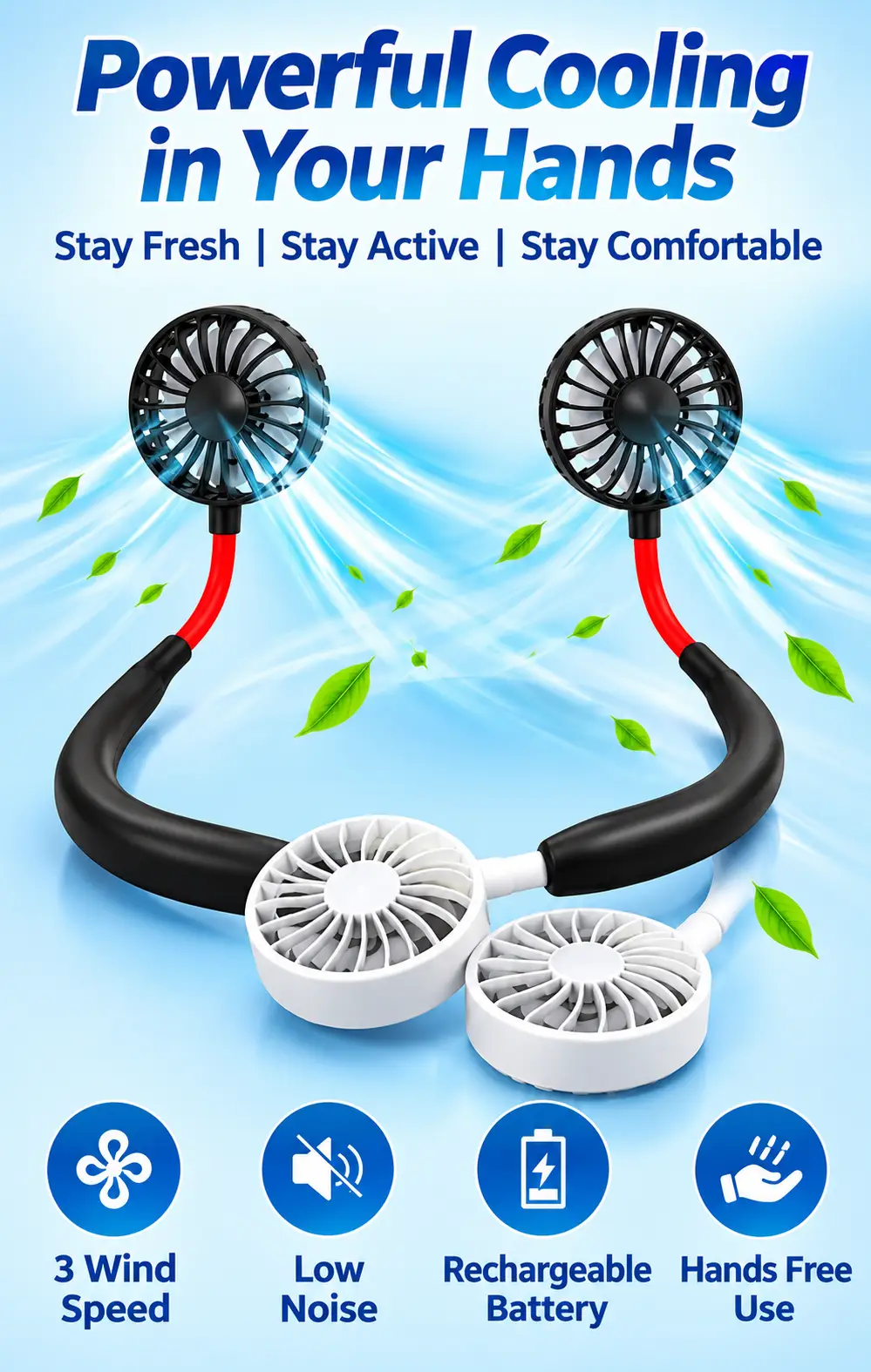 Wearable Sports Neck Fan – Hands-Free Portable Personal Fan, 3-Speed Adjustable Cooling Fan with Dual Powerful Fans, Lightweight Rechargeable Neck Fan for Outdoor, Travel, Sports & Summer