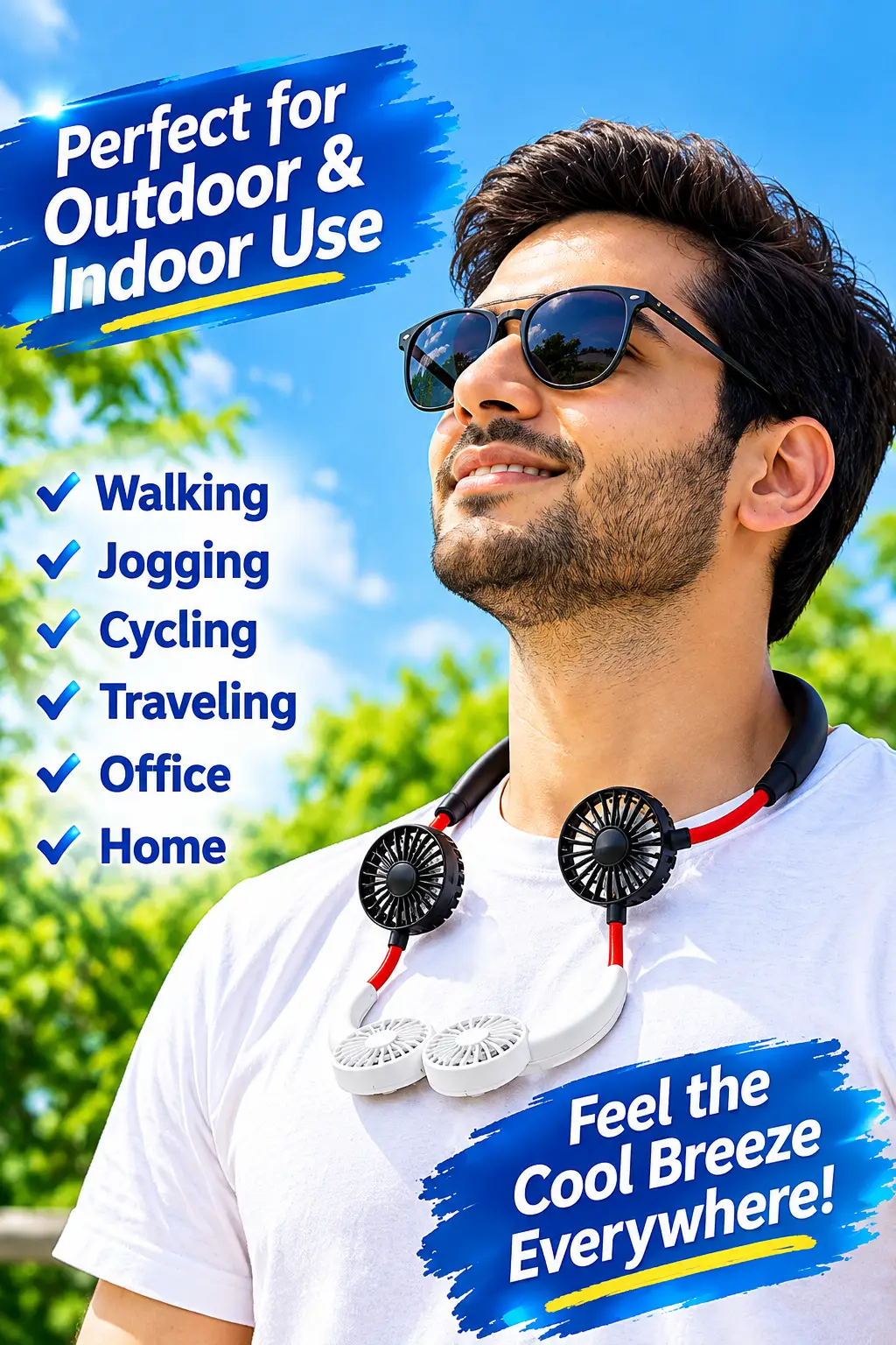 Wearable Sports Neck Fan – Hands-Free Portable Personal Fan, 3-Speed Adjustable Cooling Fan with Dual Powerful Fans, Lightweight Rechargeable Neck Fan for Outdoor, Travel, Sports & Summer