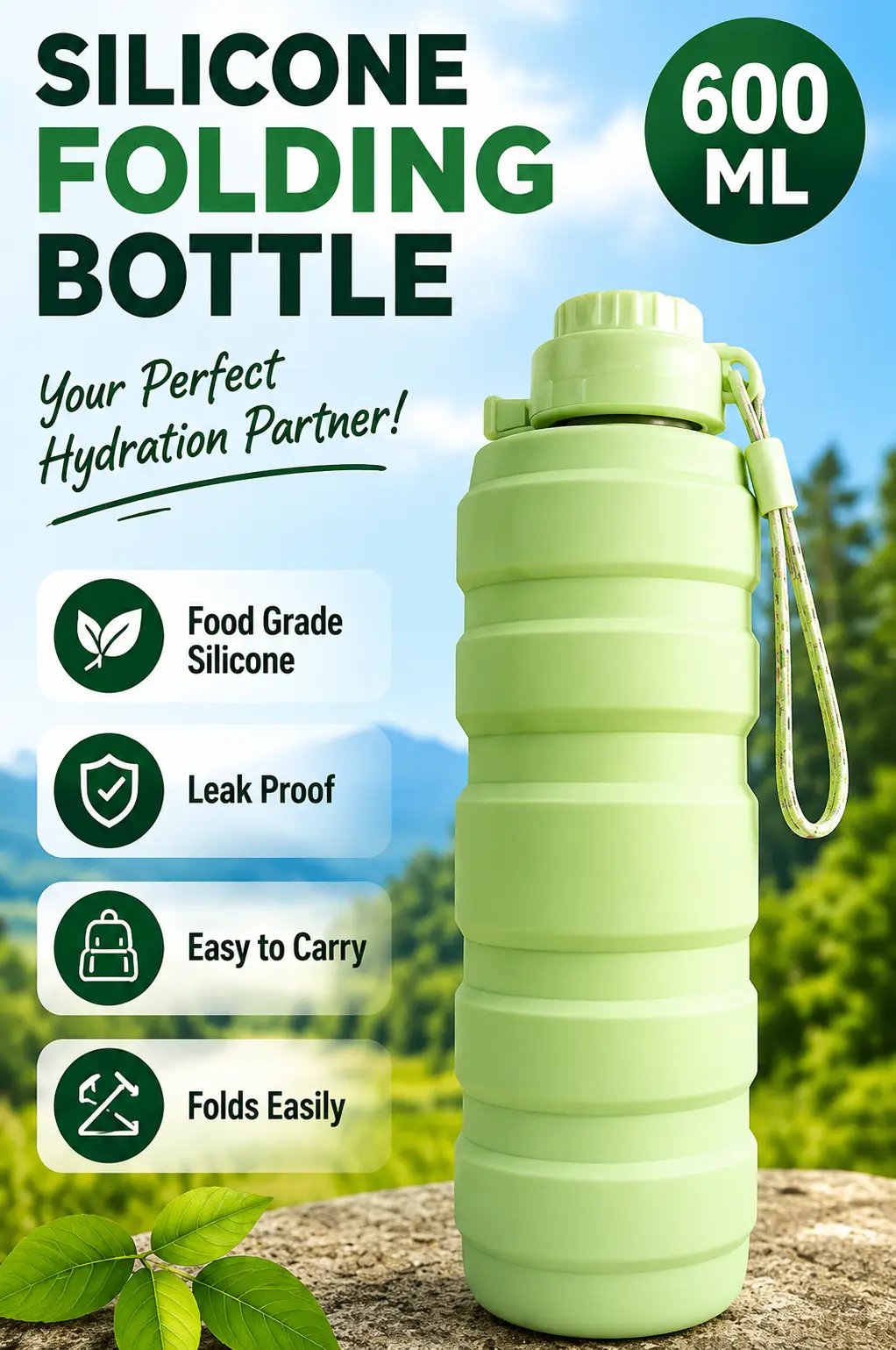 600ML Silicone Folding Water Bottle | Portable Collapsible Travel Bottle with Strap | Reusable Space Saving Water Bottle for Gym, Travel, School & Outdoor