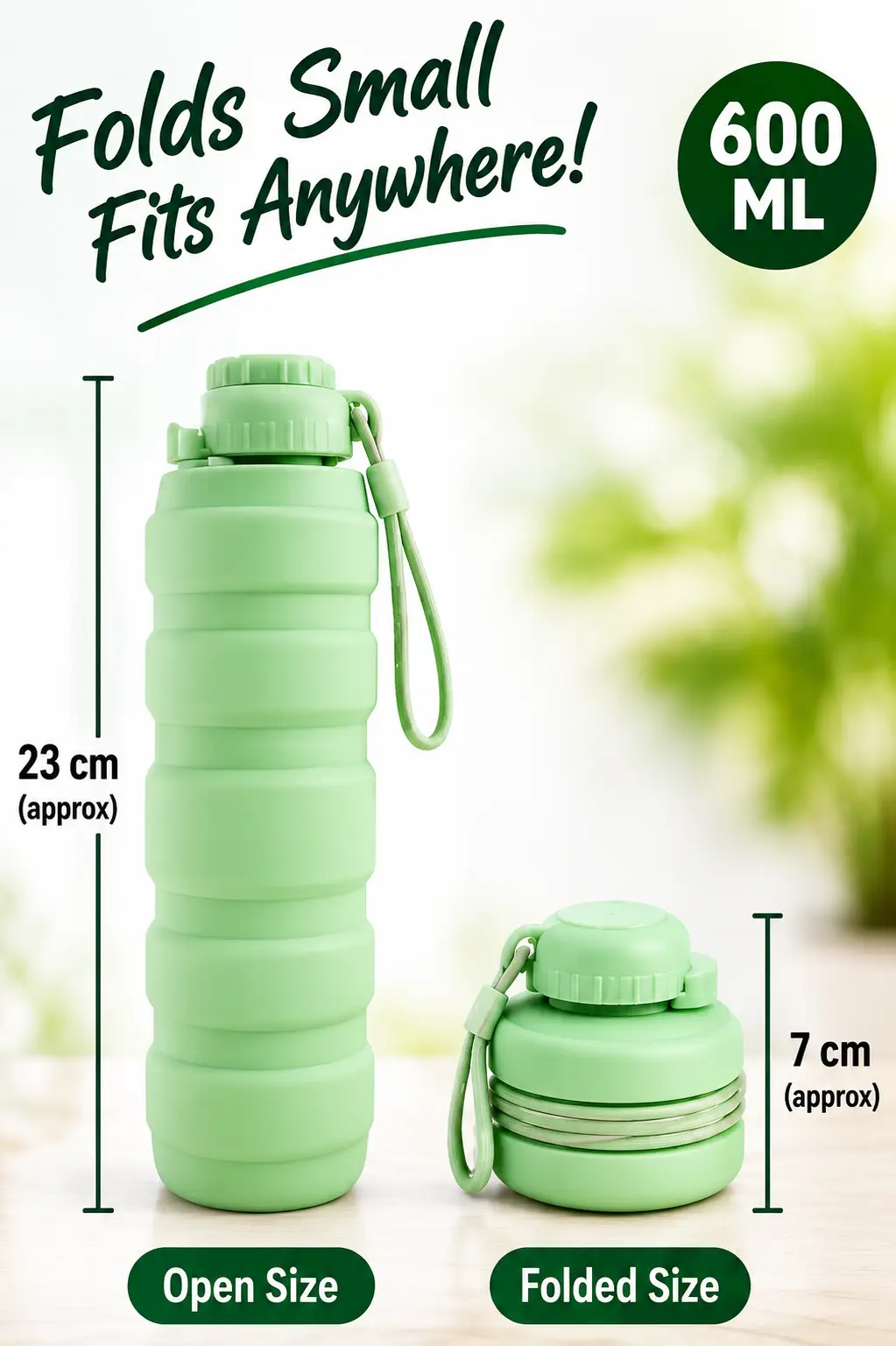 600ML Silicone Folding Water Bottle | Portable Collapsible Travel Bottle with Strap | Reusable Space Saving Water Bottle for Gym, Travel, School & Outdoor