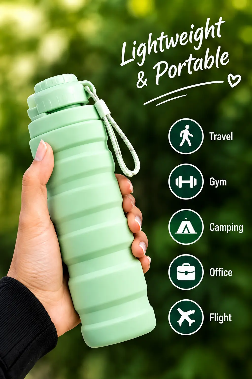 600ML Silicone Folding Water Bottle | Portable Collapsible Travel Bottle with Strap | Reusable Space Saving Water Bottle for Gym, Travel, School & Outdoor