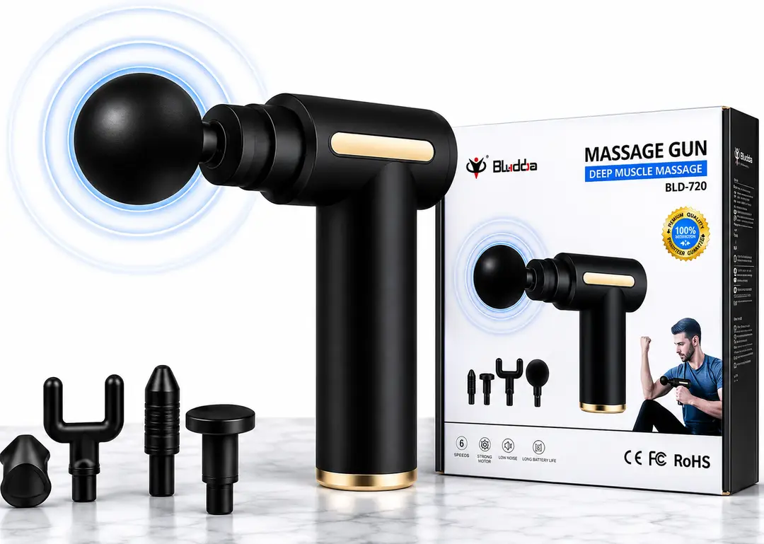 Bluedea BLD-720 Deep Tissue Massage Gun | 6 Speed Levels | 4 Massage Heads | Rechargeable Portable Muscle Massager | Low Noise | Black & Gold