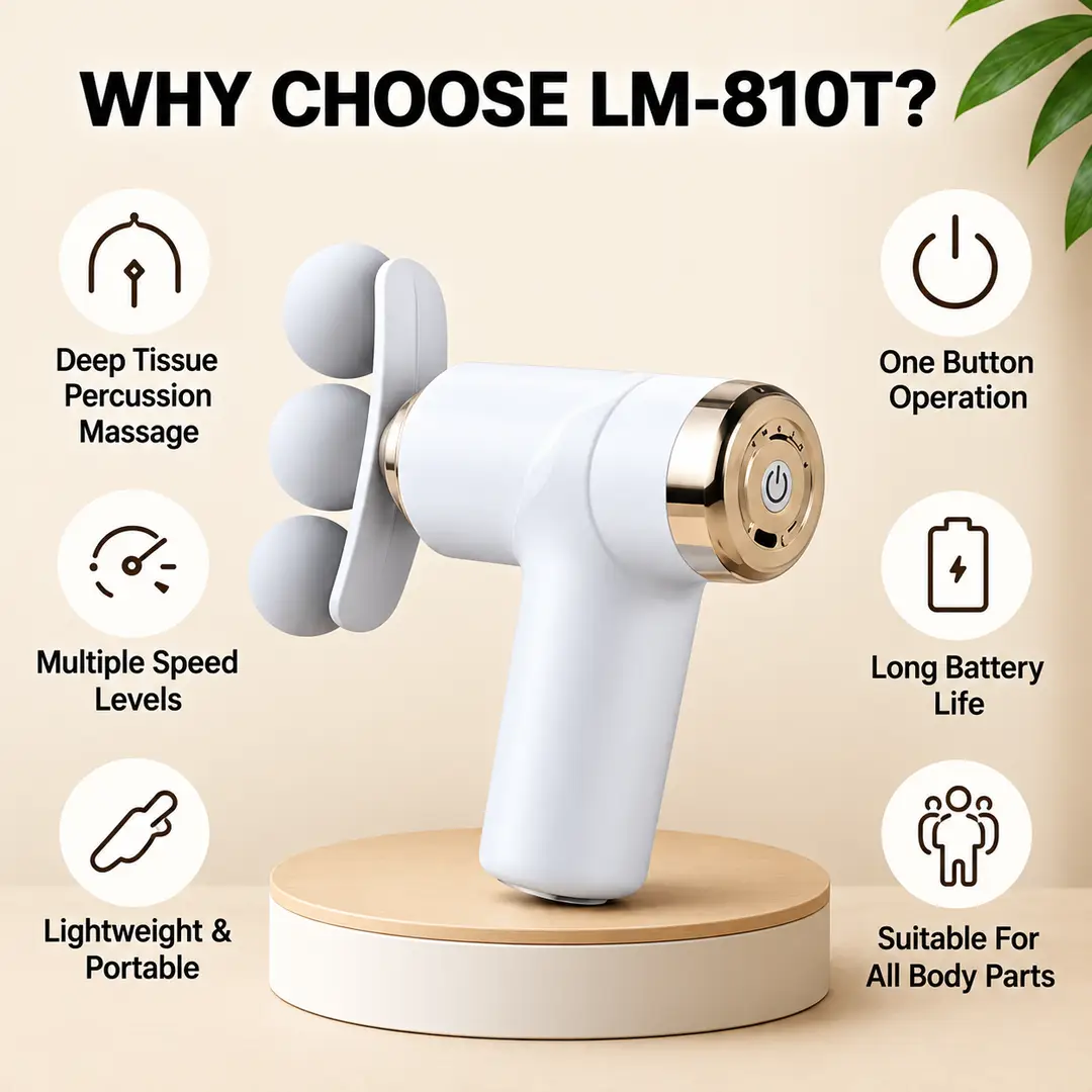 Portable Rechargeable Massage Fascial Gun LM-810T – Deep Tissue Muscle Massager with 4 Massage Heads