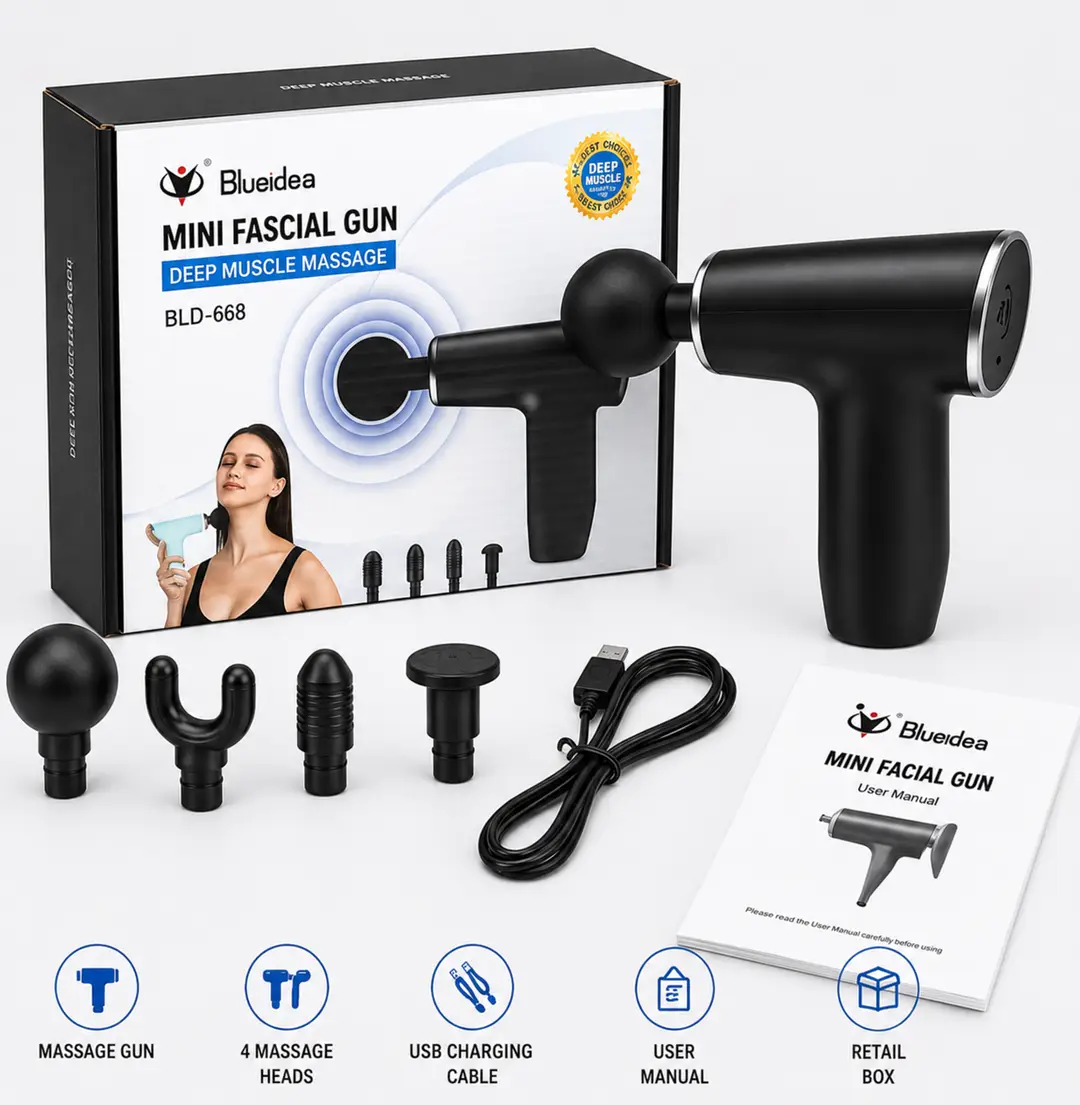 Blueidea Mini Facial Gun Deep Muscle Massage Gun BLD-668 | Portable Rechargeable Muscle Massager with 4 Massage Heads