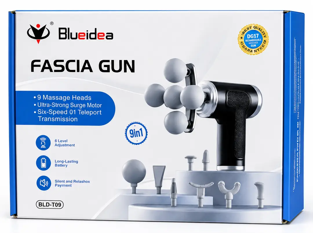 Blueidea BLD-780 Fascia Massage Gun | 9 Massage Heads | 6 Speed Levels | Deep Tissue Muscle Massager | Rechargeable Portable Massage Gun