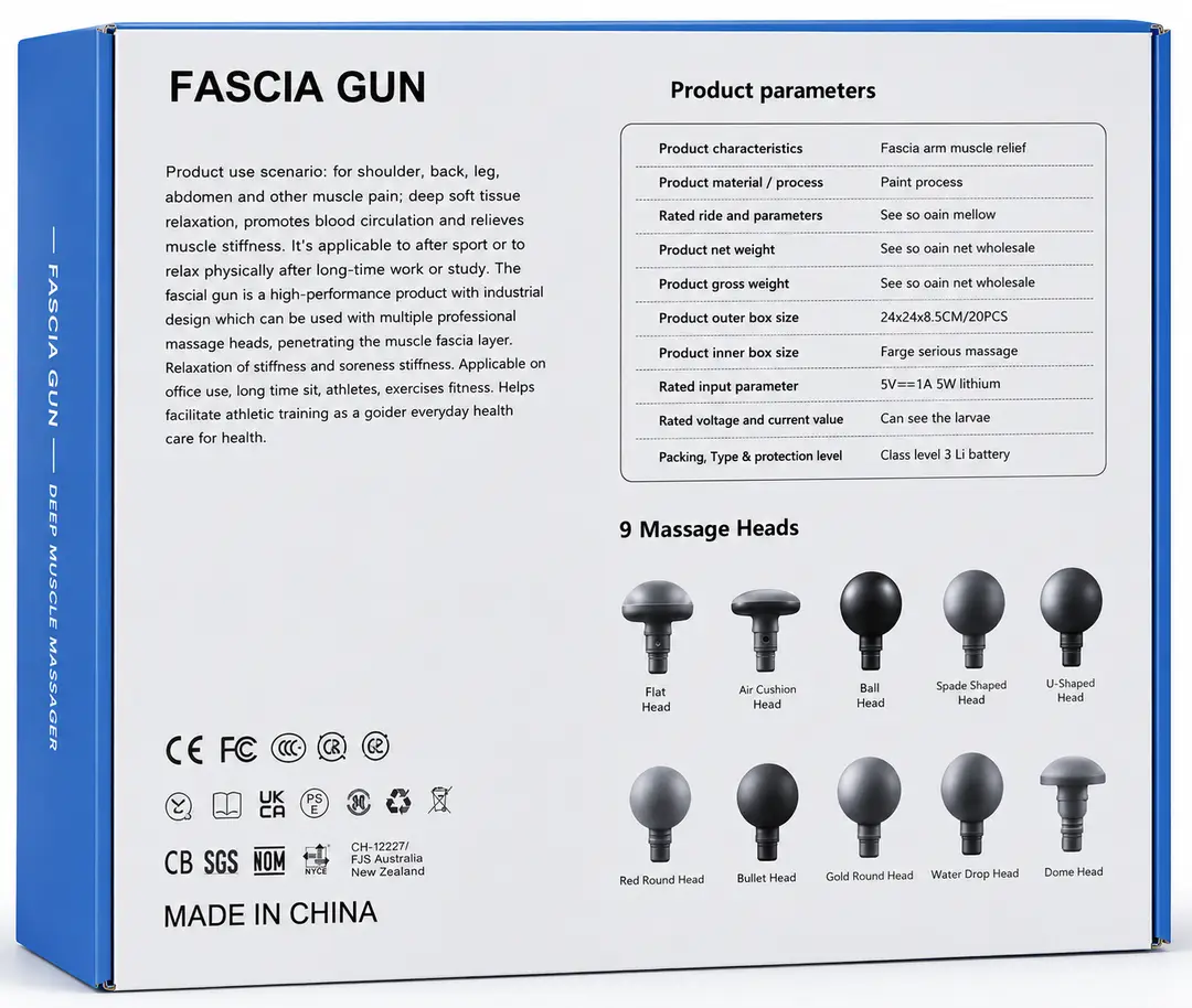 Blueidea BLD-780 Fascia Massage Gun | 9 Massage Heads | 6 Speed Levels | Deep Tissue Muscle Massager | Rechargeable Portable Massage Gun