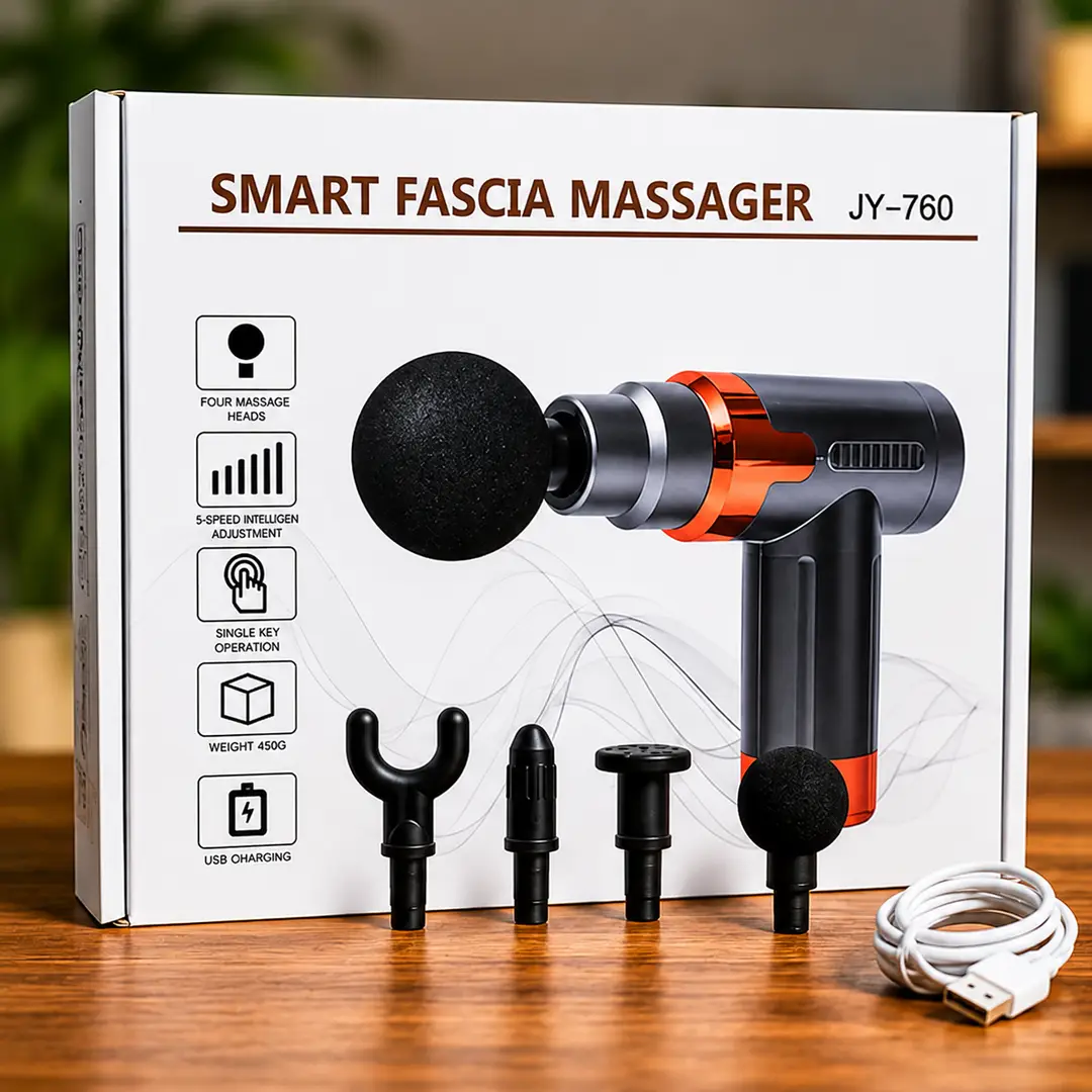 Smart Fascia Massage Gun JY-760 | Deep Tissue Muscle Massager | 6 Speed Levels | 4 Massage Heads | USB Rechargeable