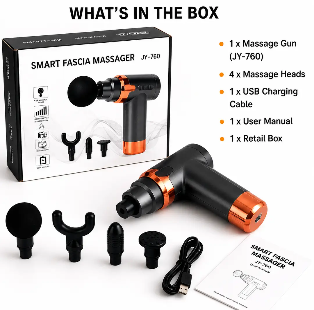 Smart Fascia Massage Gun JY-760 | Deep Tissue Muscle Massager | 6 Speed Levels | 4 Massage Heads | USB Rechargeable