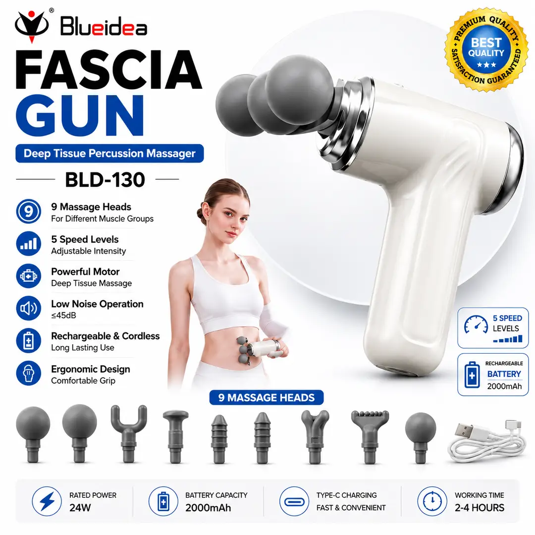 Blueidea BLD-130 Fascia Massage Gun | 9 Massage Heads | 5 Speed Levels | Rechargeable Deep Tissue Massager