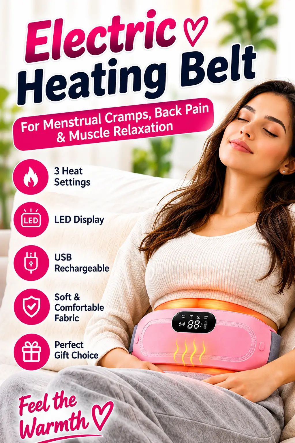 Electric Heating Belt for Menstrual Cramps, Back Pain & Muscle Relaxation – USB Rechargeable Heat Therapy Belt with 3 Heat Settings & LED Display
