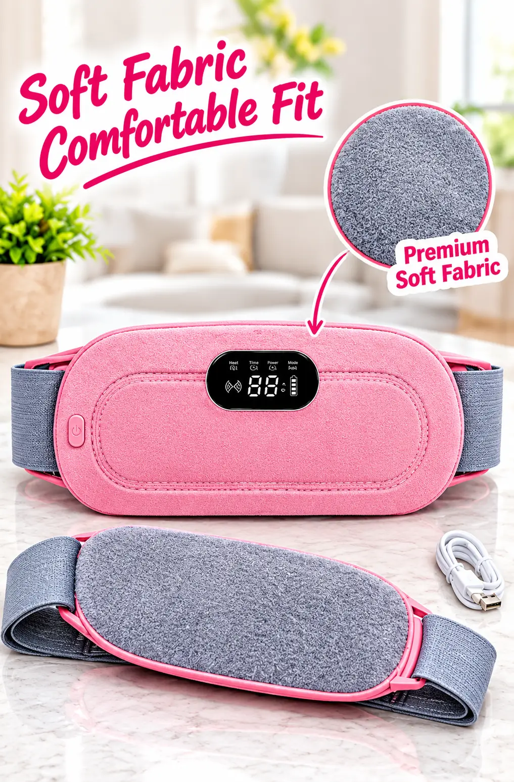 Electric Heating Belt for Menstrual Cramps, Back Pain & Muscle Relaxation – USB Rechargeable Heat Therapy Belt with 3 Heat Settings & LED Display