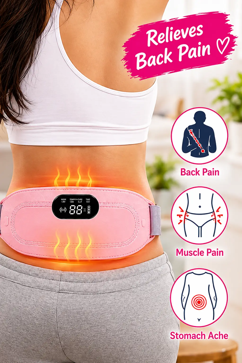 Electric Heating Belt for Menstrual Cramps, Back Pain & Muscle Relaxation – USB Rechargeable Heat Therapy Belt with 3 Heat Settings & LED Display