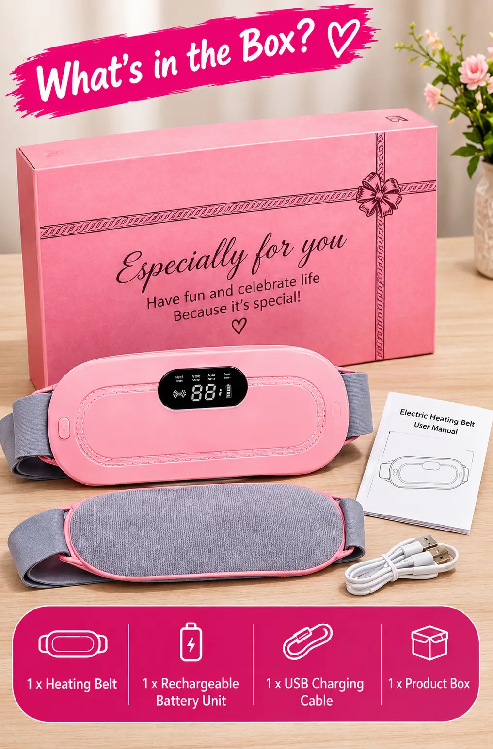 Electric Heating Belt for Menstrual Cramps, Back Pain & Muscle Relaxation – USB Rechargeable Heat Therapy Belt with 3 Heat Settings & LED Display