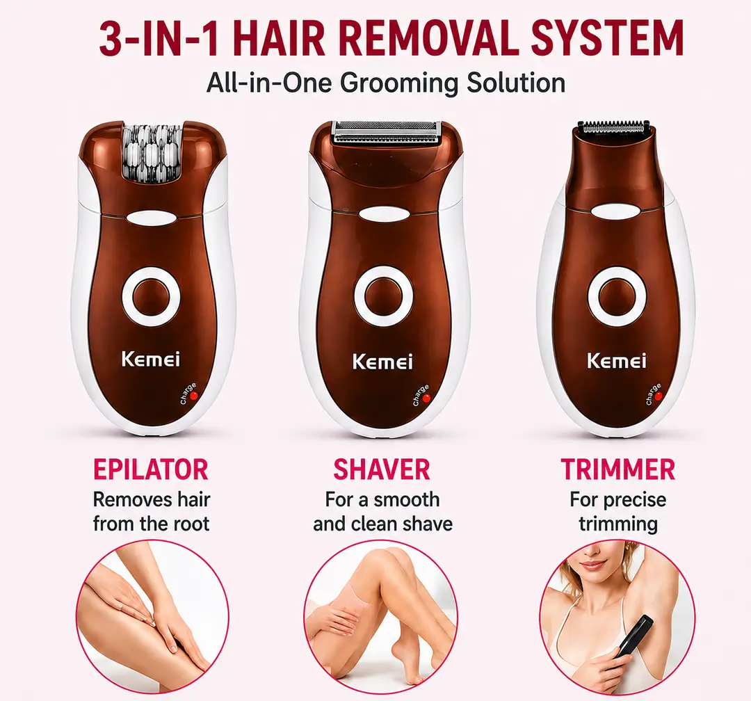 Kemei KM-3068 3-in-1 Rechargeable Epilator & Hair Removal System for Women