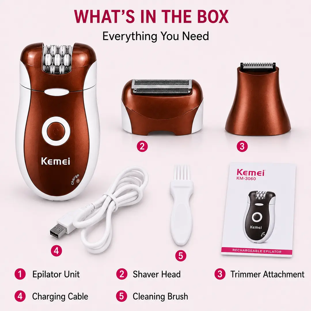 Kemei KM-3068 3-in-1 Rechargeable Epilator & Hair Removal System for Women