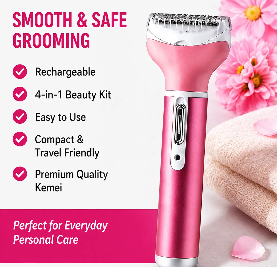 Kemei KM-6637 Rechargeable 4 in 1 Lady Shaver & Personal Grooming Kit | Eyebrow, Nose & Body Hair Trimmer | USB Rechargeable