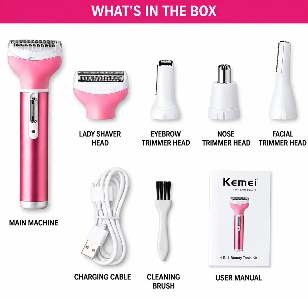 Kemei KM-6637 Rechargeable 4 in 1 Lady Shaver & Personal Grooming Kit | Eyebrow, Nose & Body Hair Trimmer | USB Rechargeable