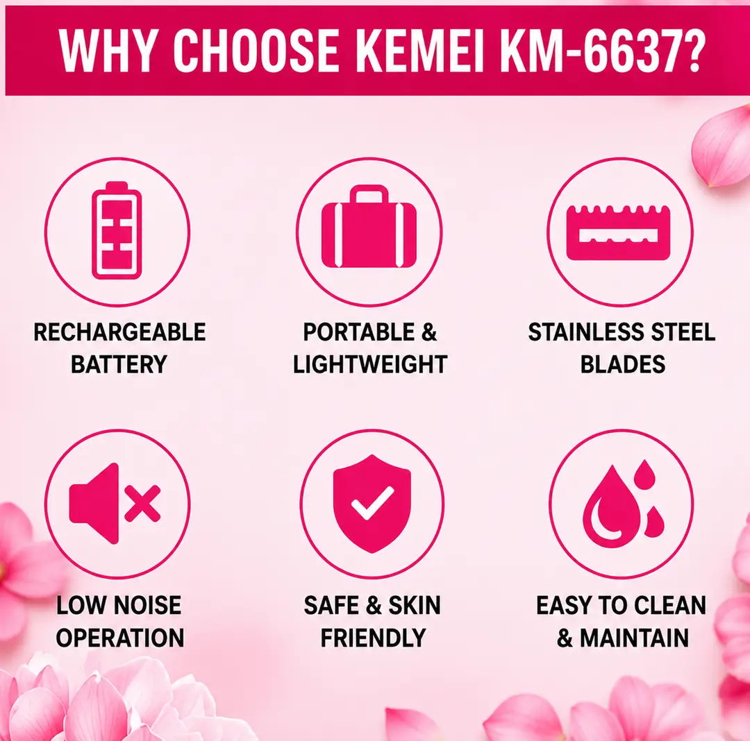 Kemei KM-6637 Rechargeable 4 in 1 Lady Shaver & Personal Grooming Kit | Eyebrow, Nose & Body Hair Trimmer | USB Rechargeable
