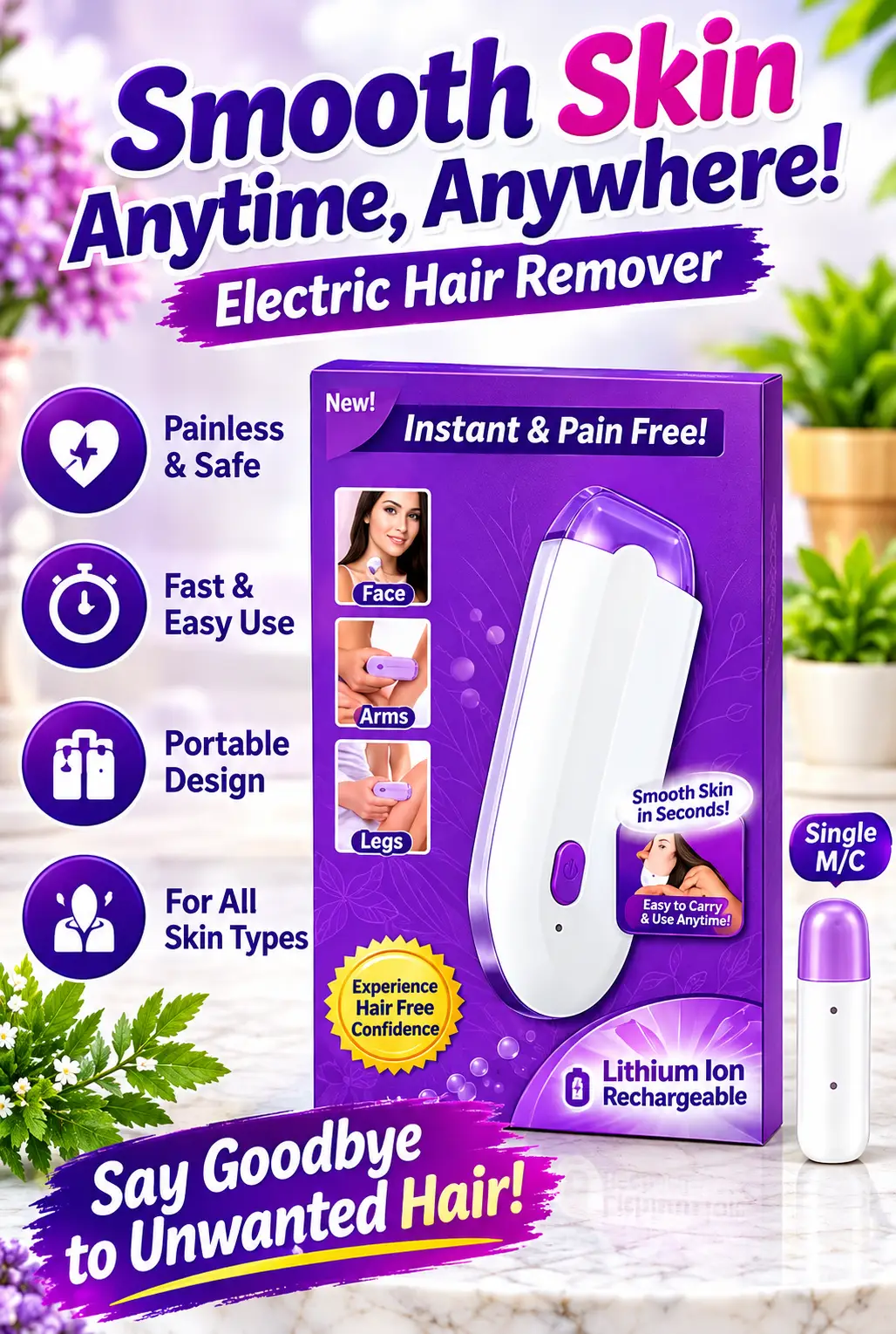 Rechargeable Electric Hair Remover for Women – Pain Free Facial & Body Hair Removal Device with Sensa-Light Technology