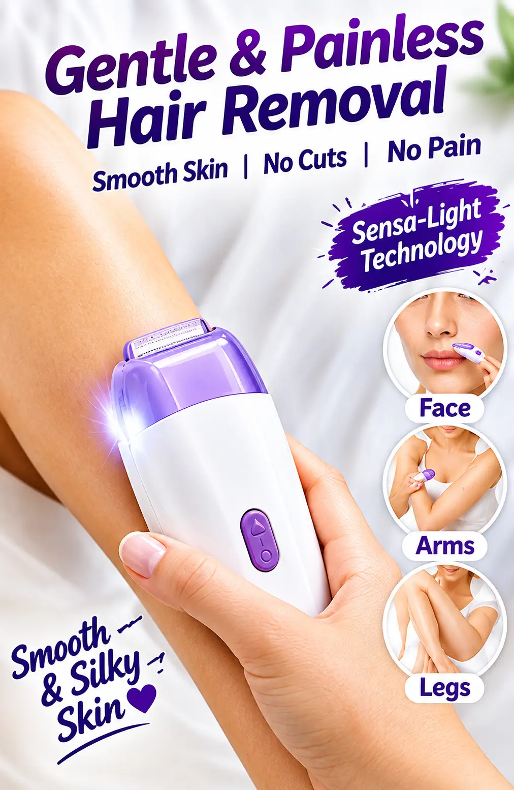 Rechargeable Electric Hair Remover for Women – Pain Free Facial & Body Hair Removal Device with Sensa-Light Technology