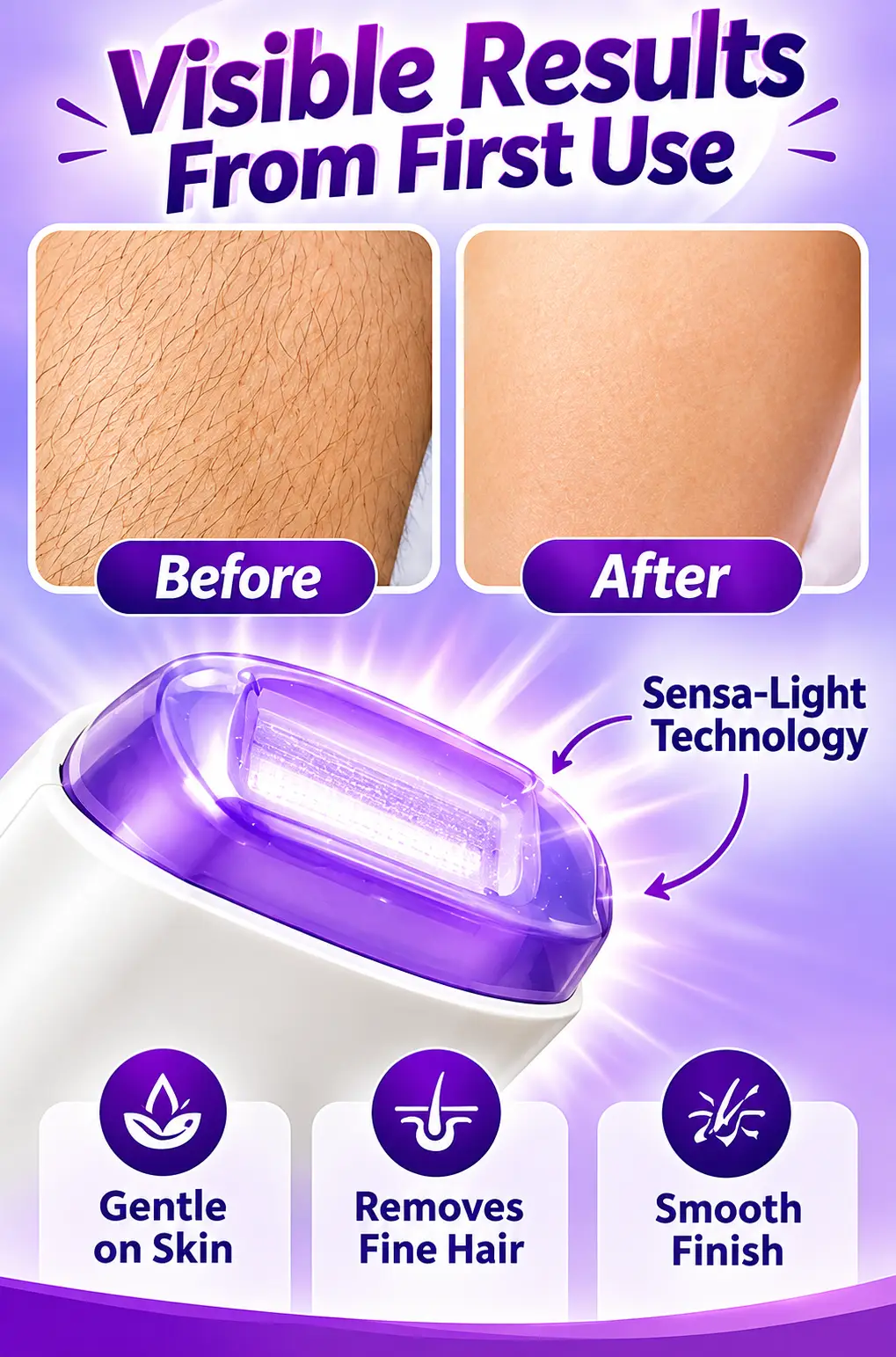 Rechargeable Electric Hair Remover for Women – Pain Free Facial & Body Hair Removal Device with Sensa-Light Technology