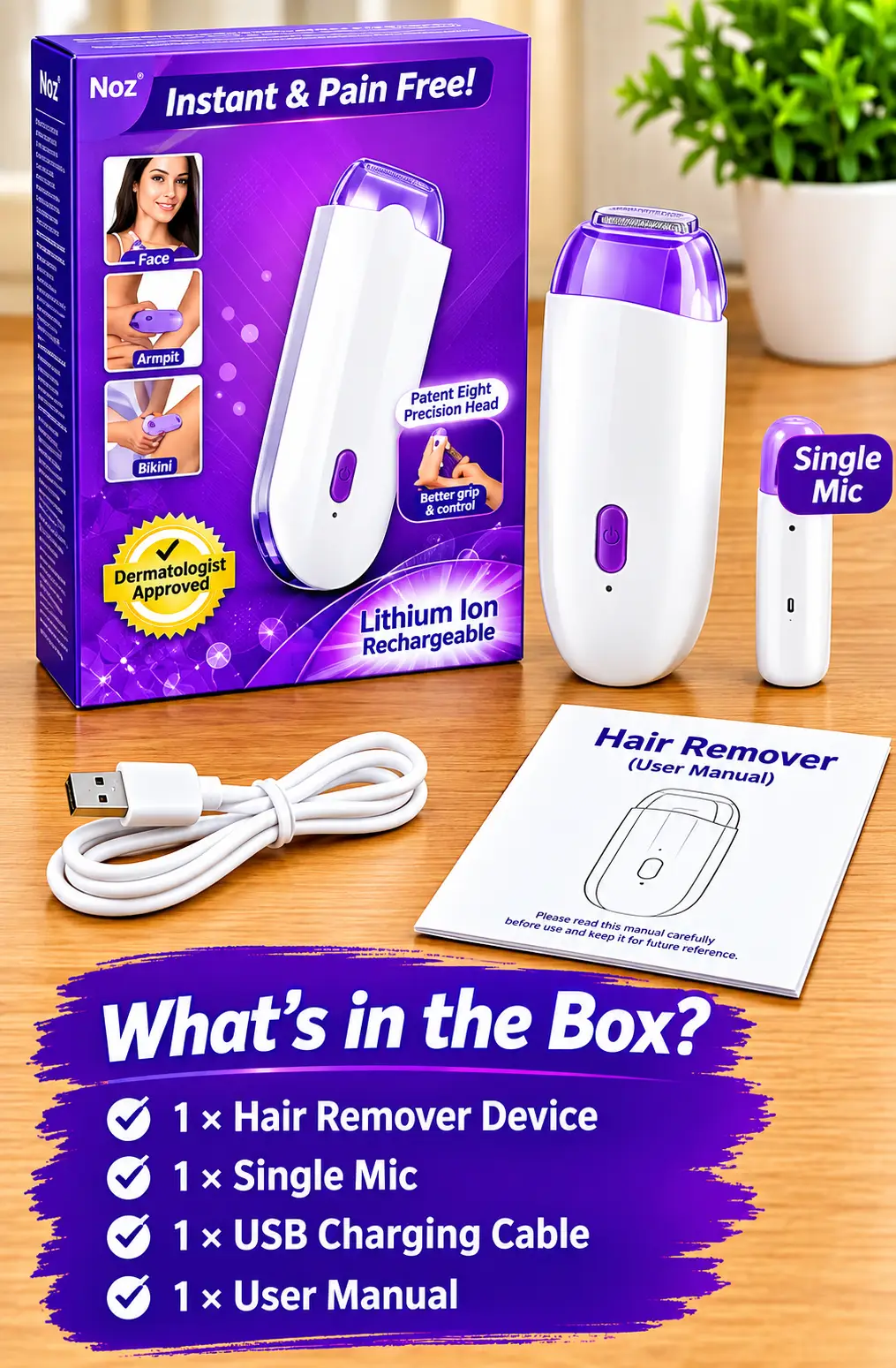 Rechargeable Electric Hair Remover for Women – Pain Free Facial & Body Hair Removal Device with Sensa-Light Technology