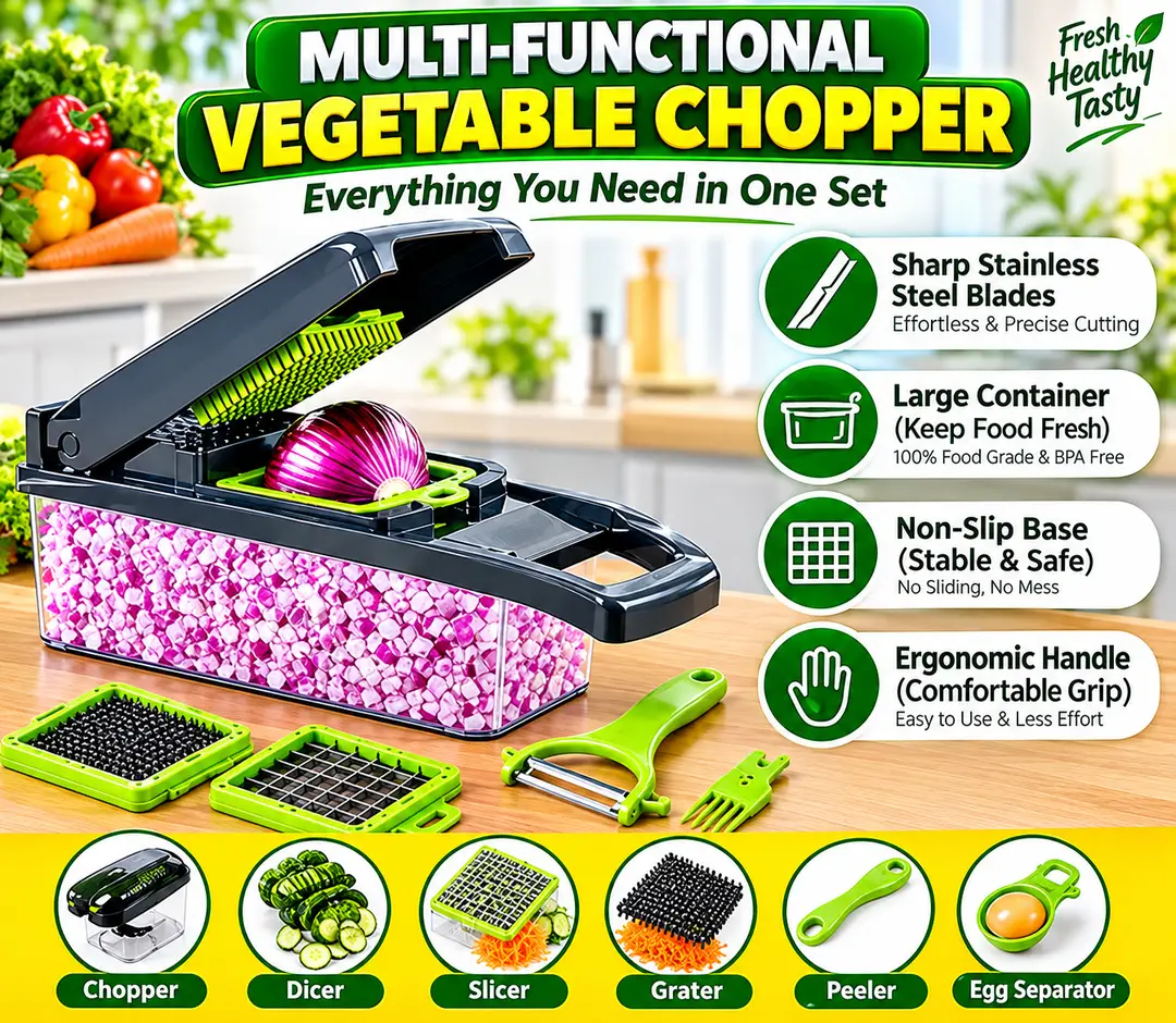 12-in-1 Multi-Functional Vegetable Chopper | Manual Food Slicer & Dicer | Onion, Potato, Carrot, Cucumber & Vegetable Cutter | Multipurpose Kitchen Cutting Tool