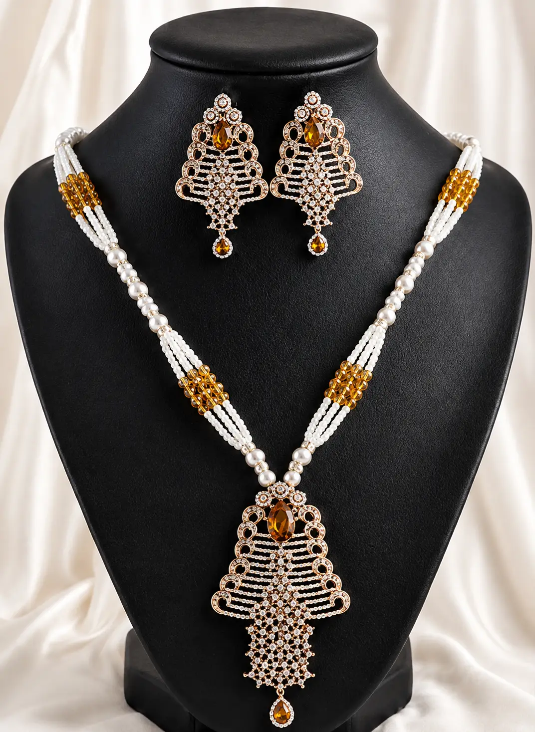Elegant Pearl & Crystal Pendant Necklace Set with Matching Earrings – Premium Fashion Jewellery