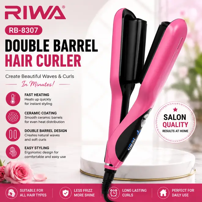 RIWA RB-8307 Double Barrel Hair Curler & Hair Waver – Ceramic Curling Iron, Fast Heating,