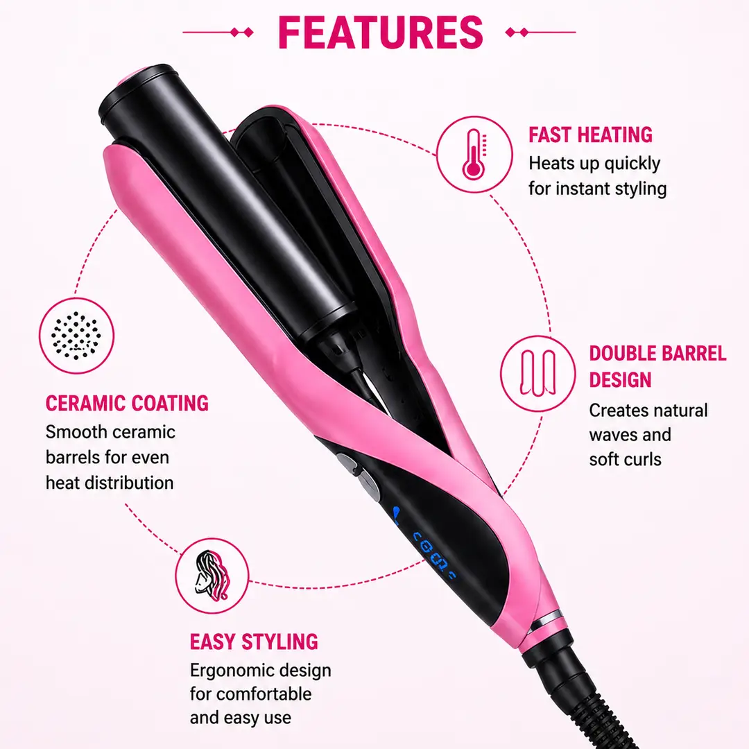 RIWA RB-8307 Double Barrel Hair Curler & Hair Waver – Ceramic Curling Iron, Fast Heating,