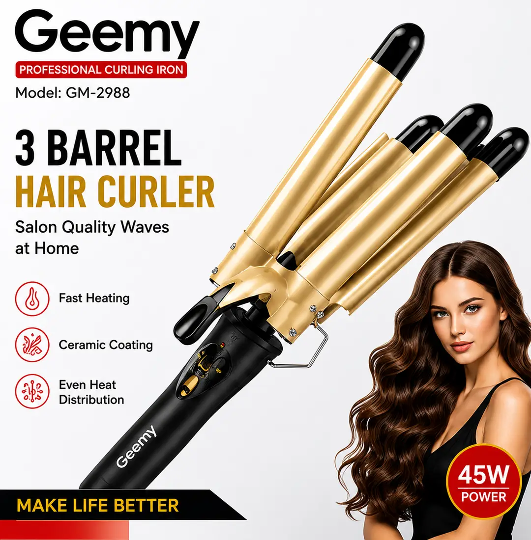Geemy GM-2988 Professional 3 Barrel Hair Curling Iron Hair Waver | Fast Heating | Ceramic Coating | Salon Styling Tool