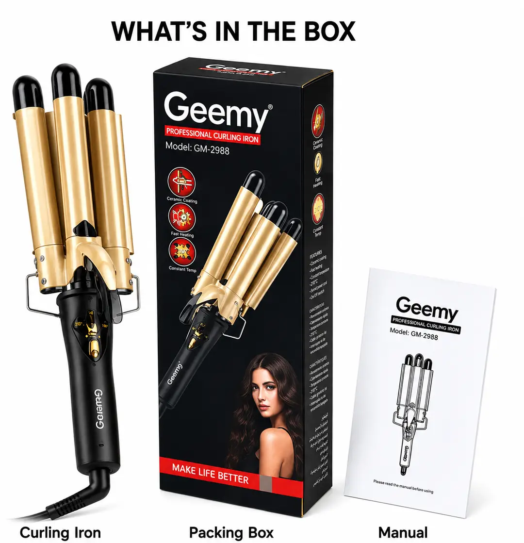 Geemy GM-2988 Professional 3 Barrel Hair Curling Iron Hair Waver | Fast Heating | Ceramic Coating | Salon Styling Tool