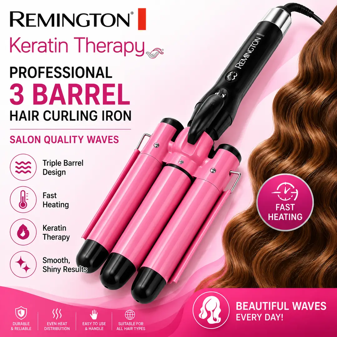 Remington Keratin Therapy Professional 3 Barrel Hair Curling Iron – Triple Barrel Hair Waver, Fast Heating, Pink
