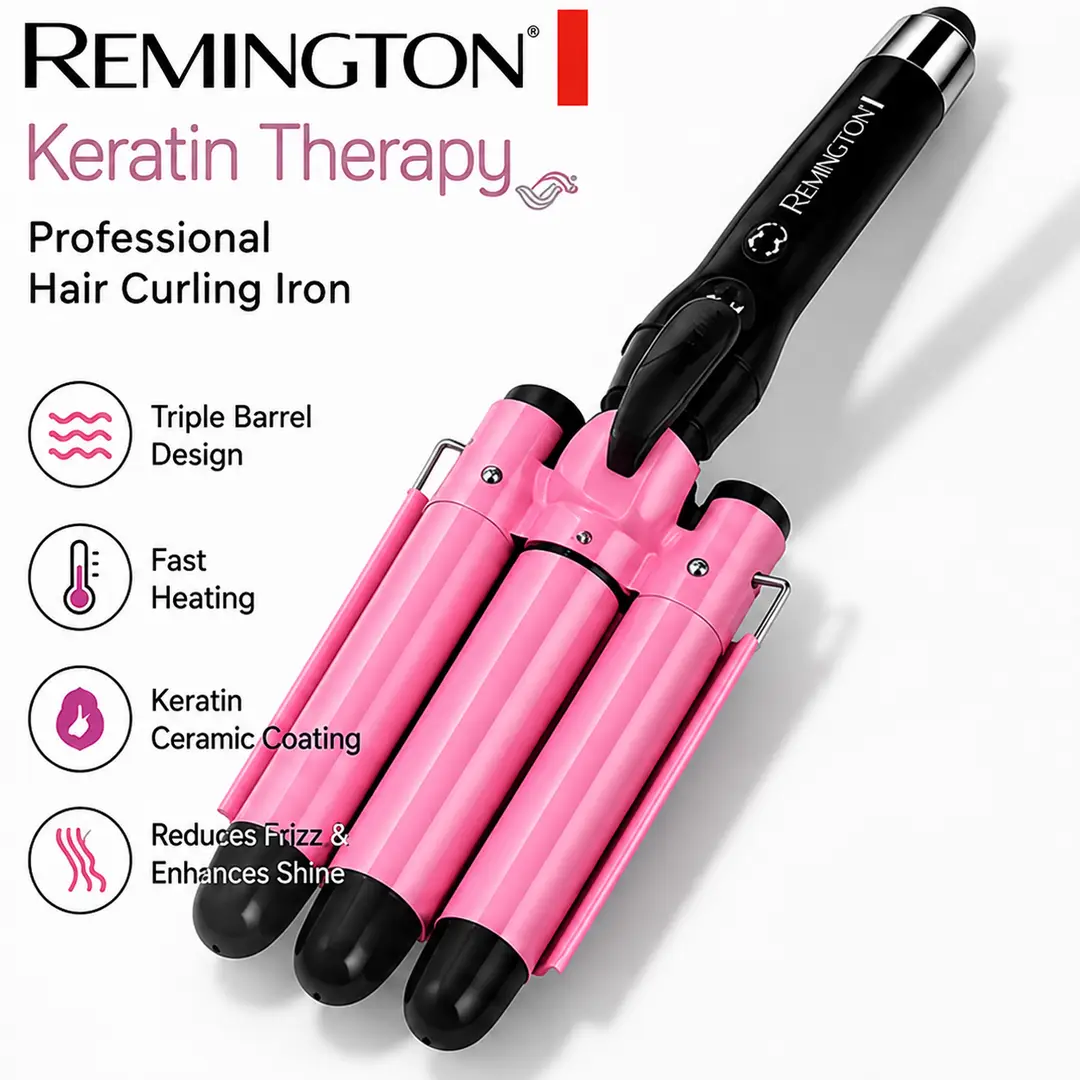 Remington Keratin Therapy Professional 3 Barrel Hair Curling Iron – Triple Barrel Hair Waver, Fast Heating, Pink