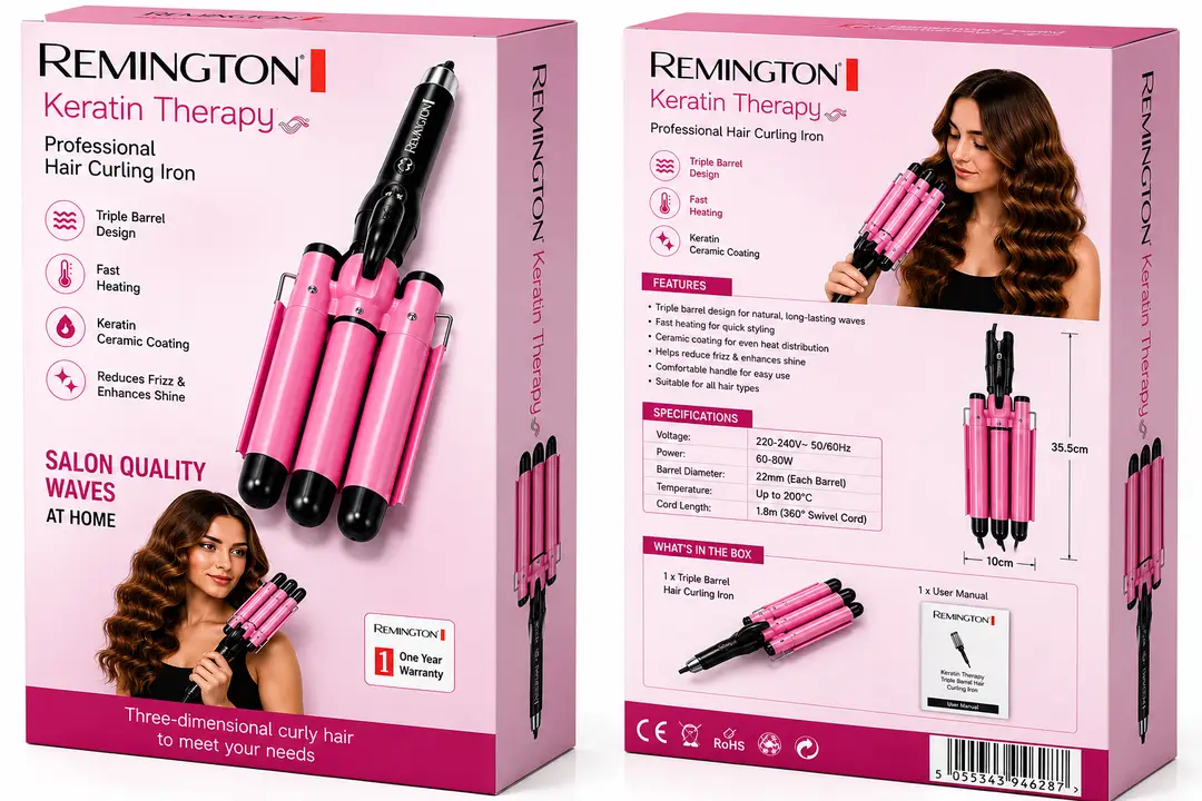 Remington Keratin Therapy Professional 3 Barrel Hair Curling Iron – Triple Barrel Hair Waver, Fast Heating, Pink